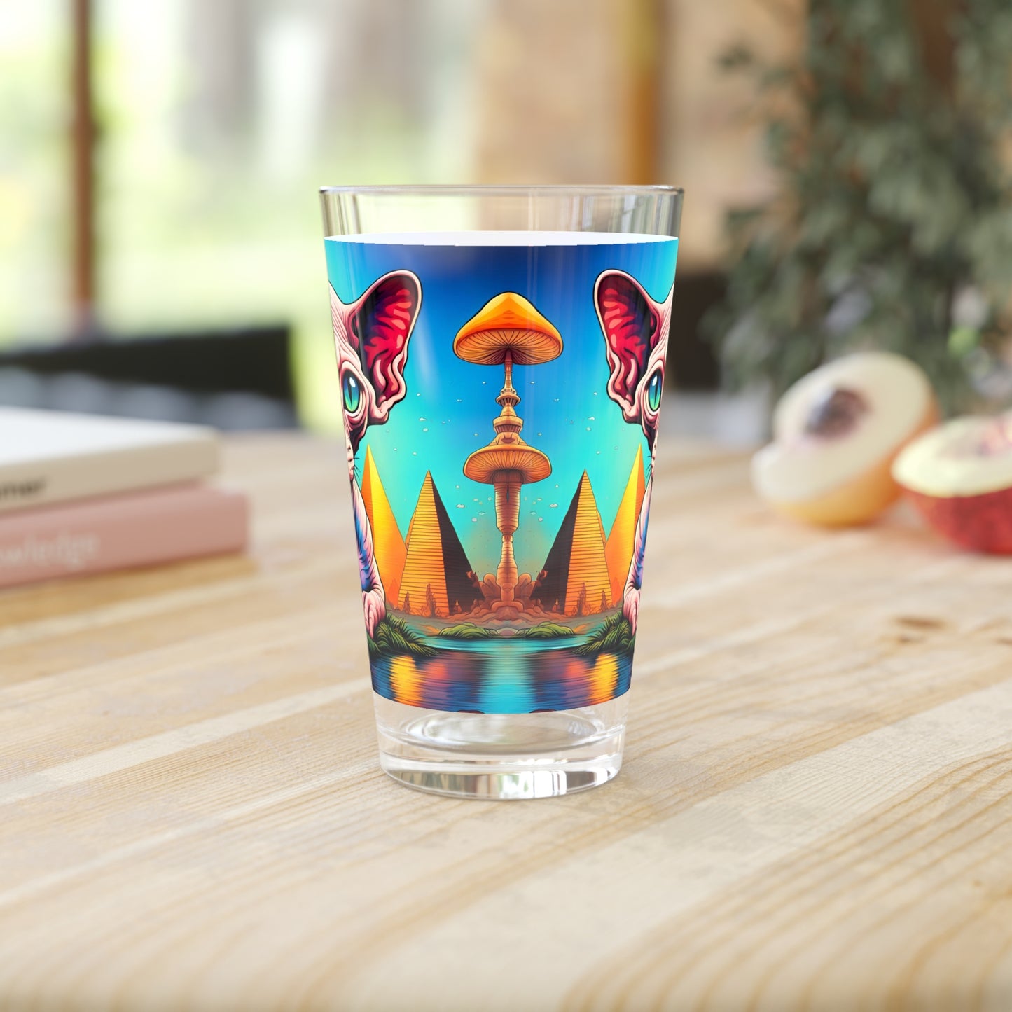 Sphynx Cat Pint Glass 16 oz – Psychedelic Egyptian Mushroom Art Drinkware