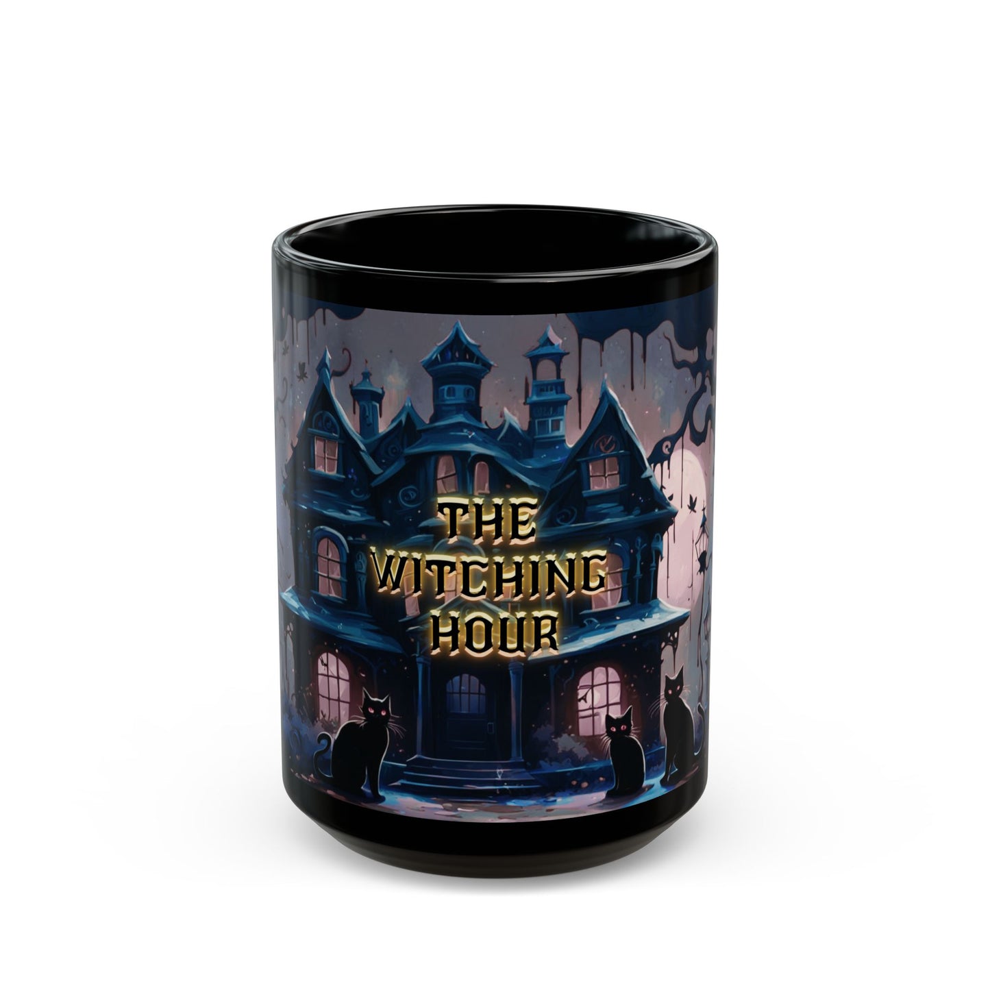 Gothic Haunted House Mug – Spooky Black Cat Halloween Coffee Cup | Munted Art Designs