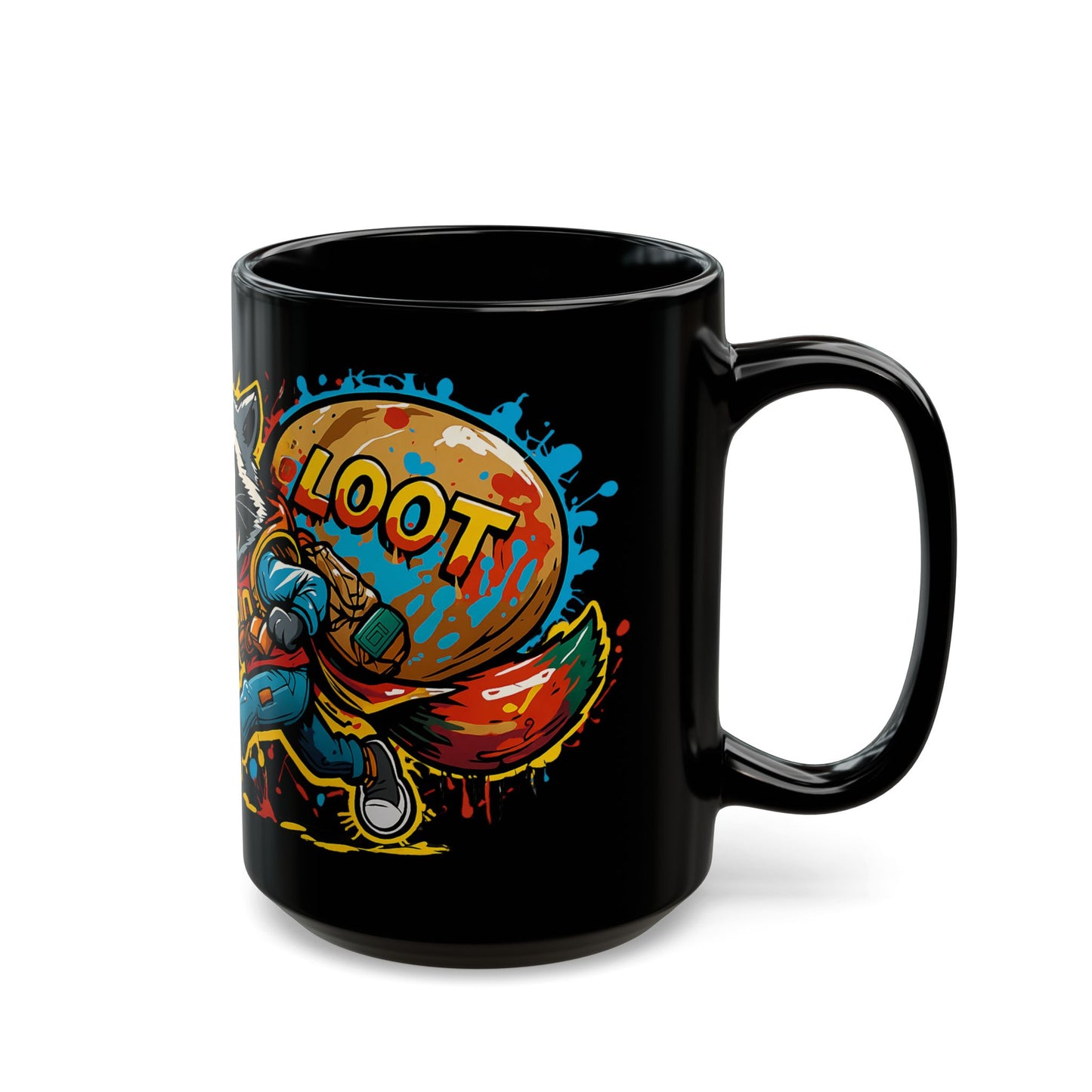 Caffeine Dealer Mug – Black Ceramic Gamer Coffee Cup with Raccoon Loot Art