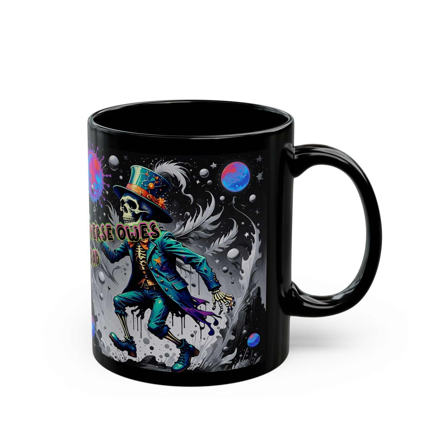 Psychedelic Tarot Mug – The Fool Card 0 – Trippy Skeleton Art – “Walk Like the Universe Owes You a Road” – Ceramic Coffee Cup