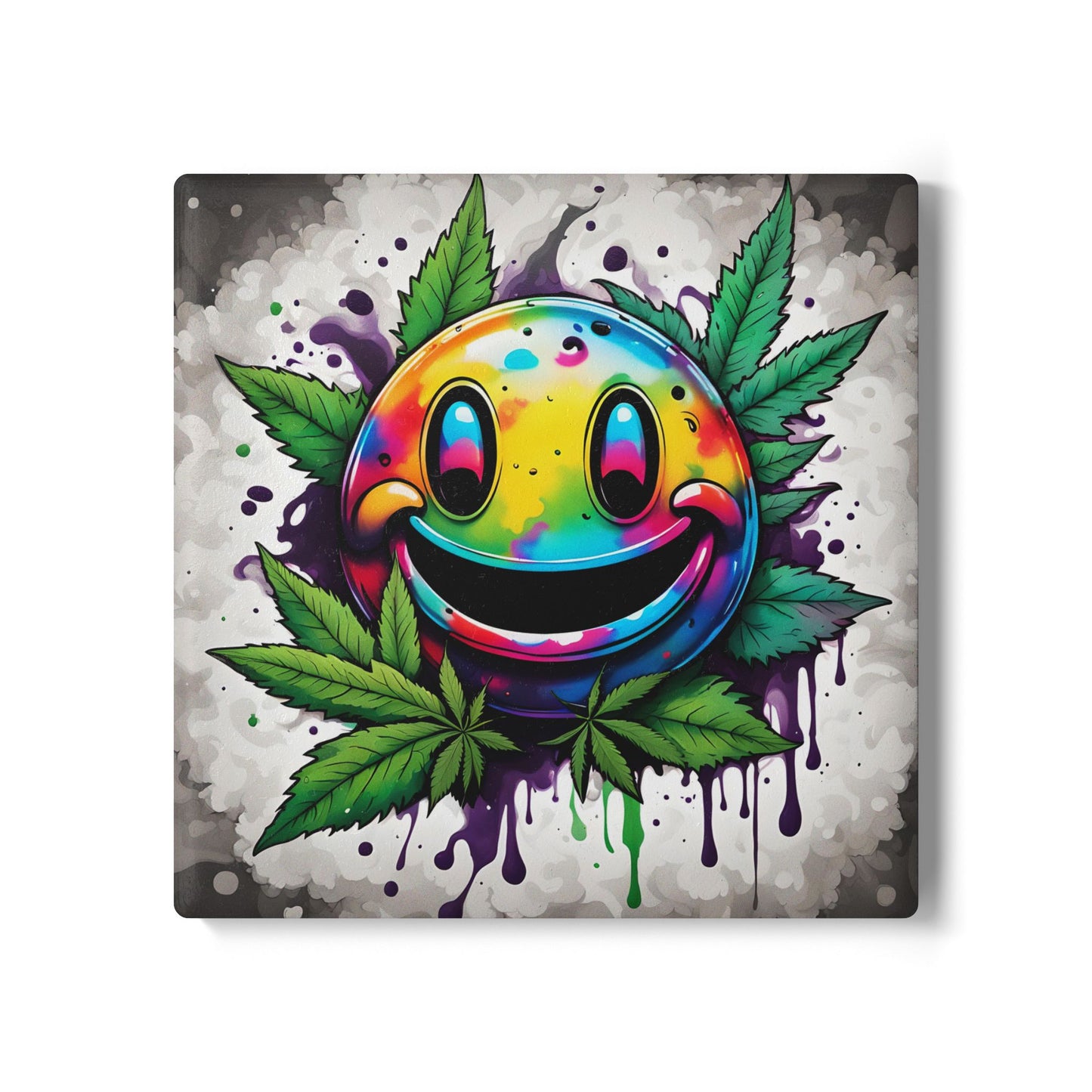 Funny Weed Smiley Coaster – Ceramic Cork-Backed Coaster for Hot or Cold Drinks – Round or Square