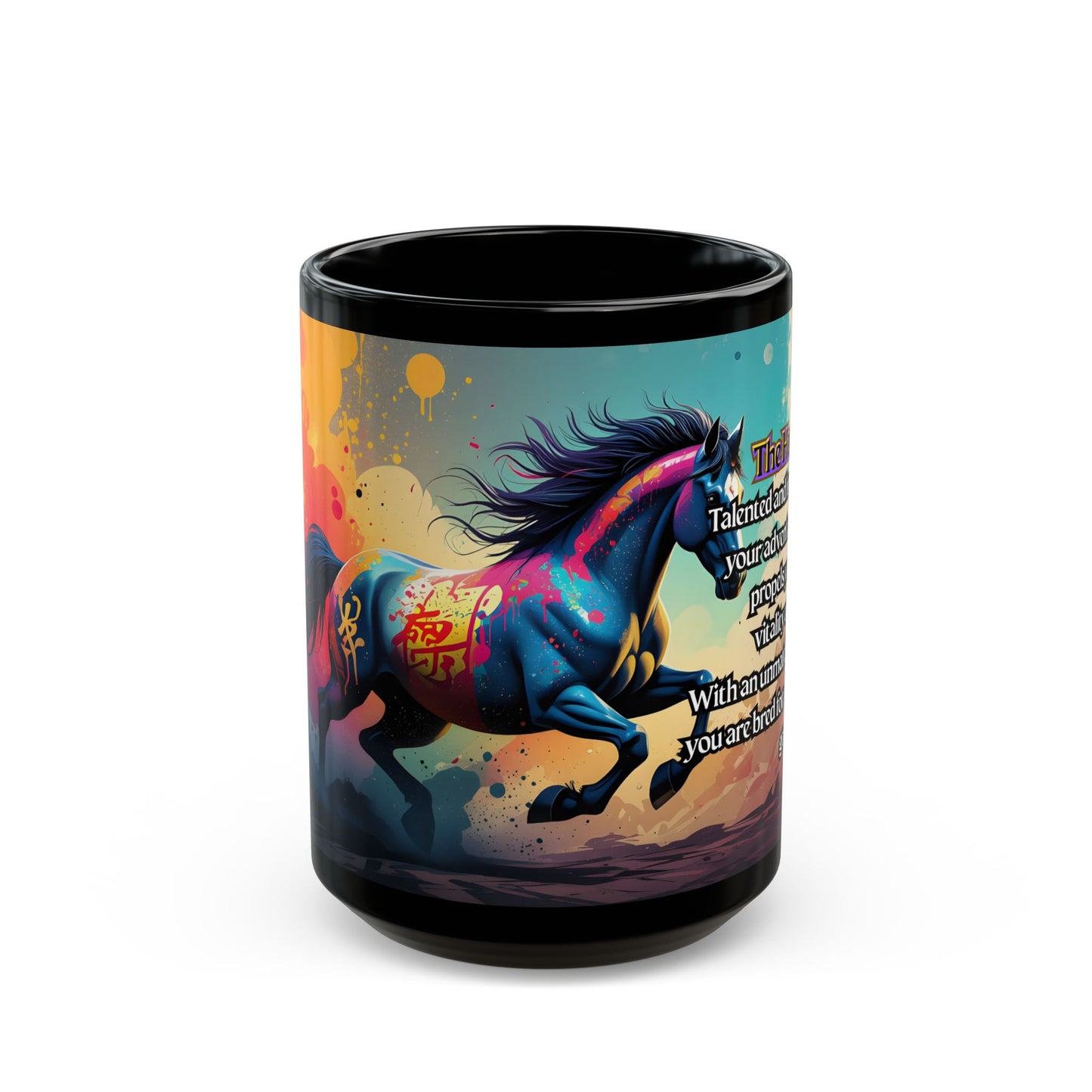 Horse Spirit Black Mug – Inspirational 'The Horse' Zodiac Poem Coffee Cup (11oz/15oz)