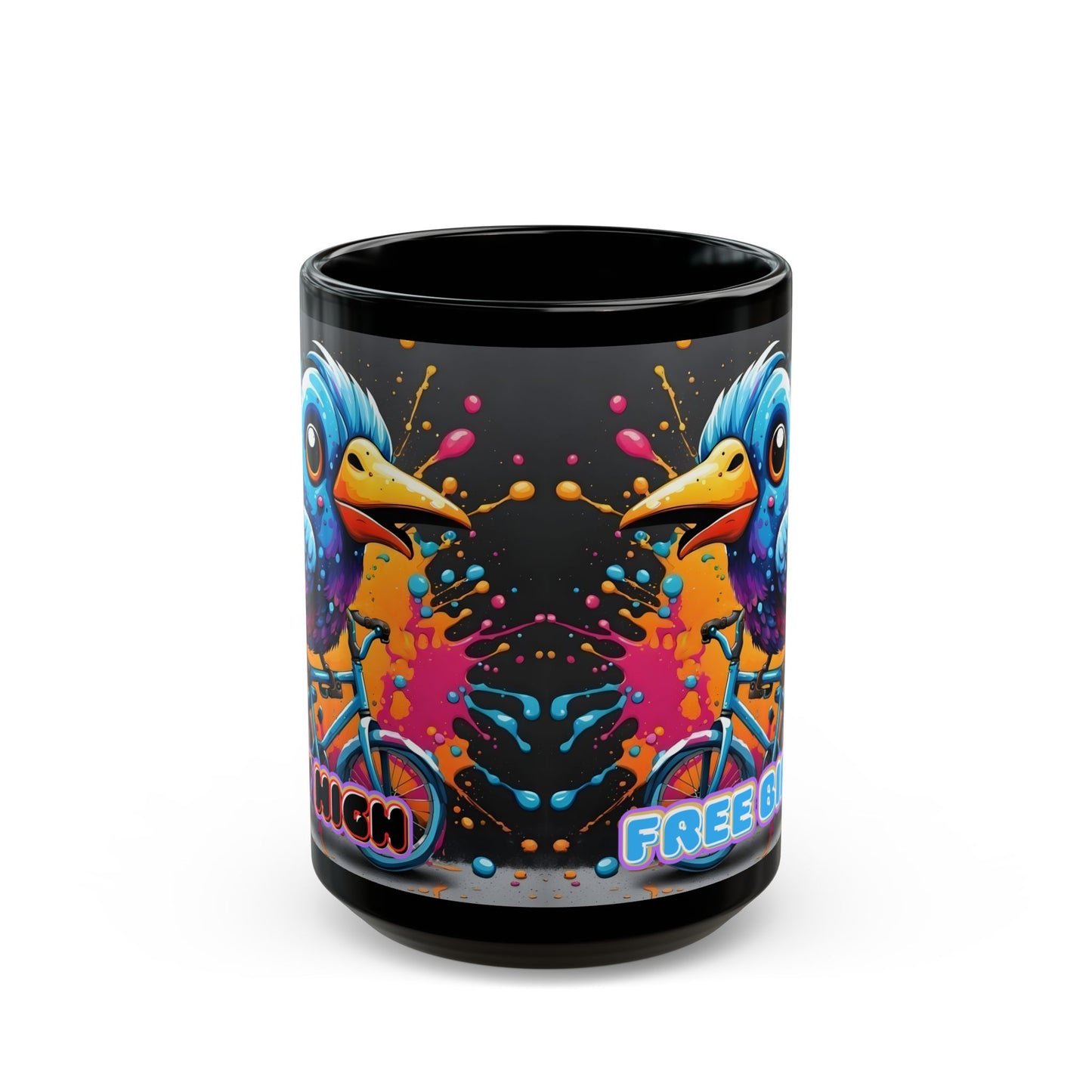Free Bird Mug – Psychedelic Cycling Bird on Black Ceramic Coffee Cup (11oz / 15oz)