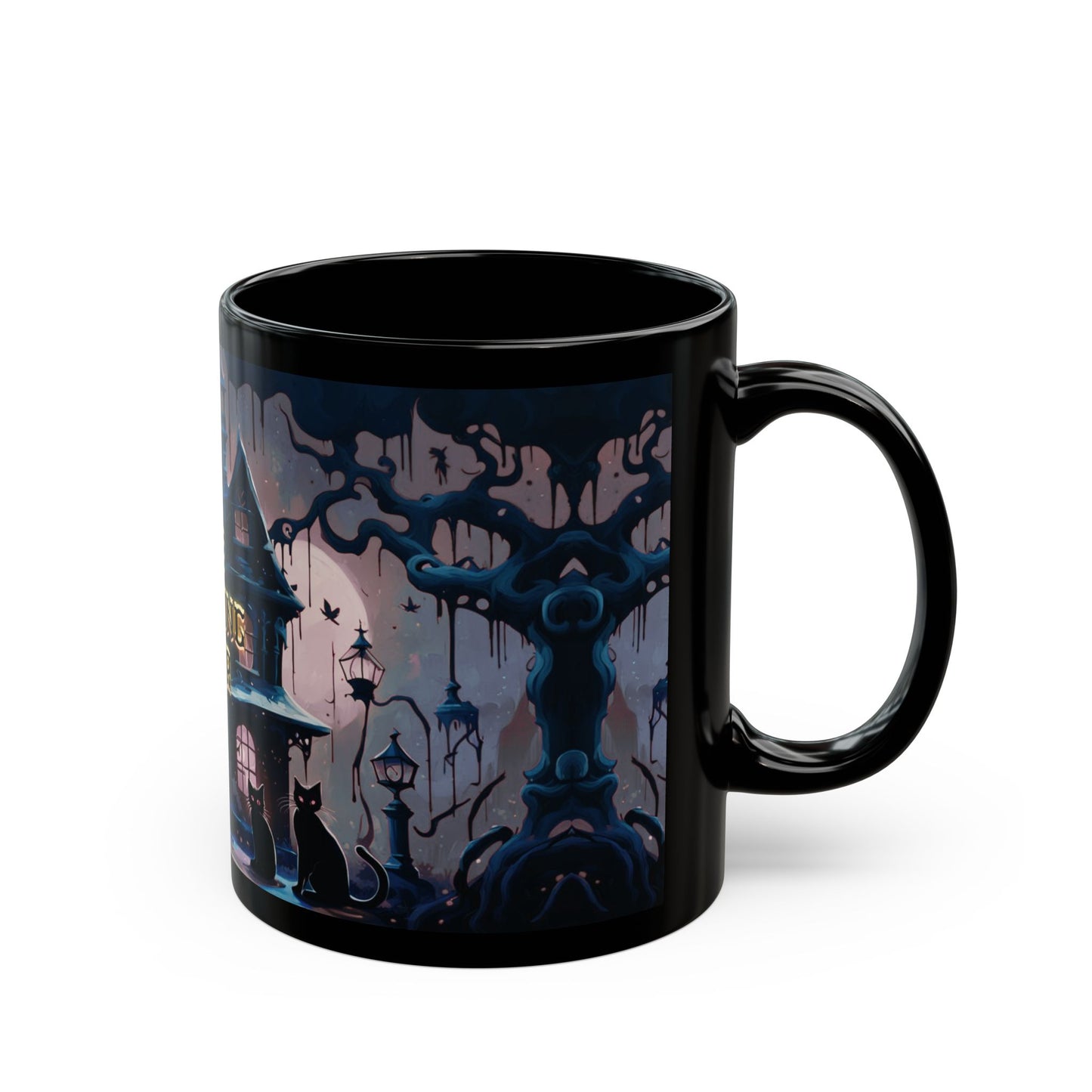 Gothic Haunted House Mug – Spooky Black Cat Halloween Coffee Cup | Munted Art Designs