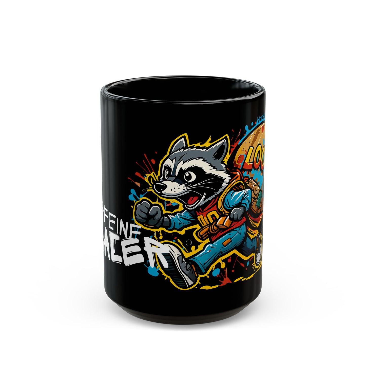 Caffeine Dealer Mug – Black Ceramic Gamer Coffee Cup with Raccoon Loot Art