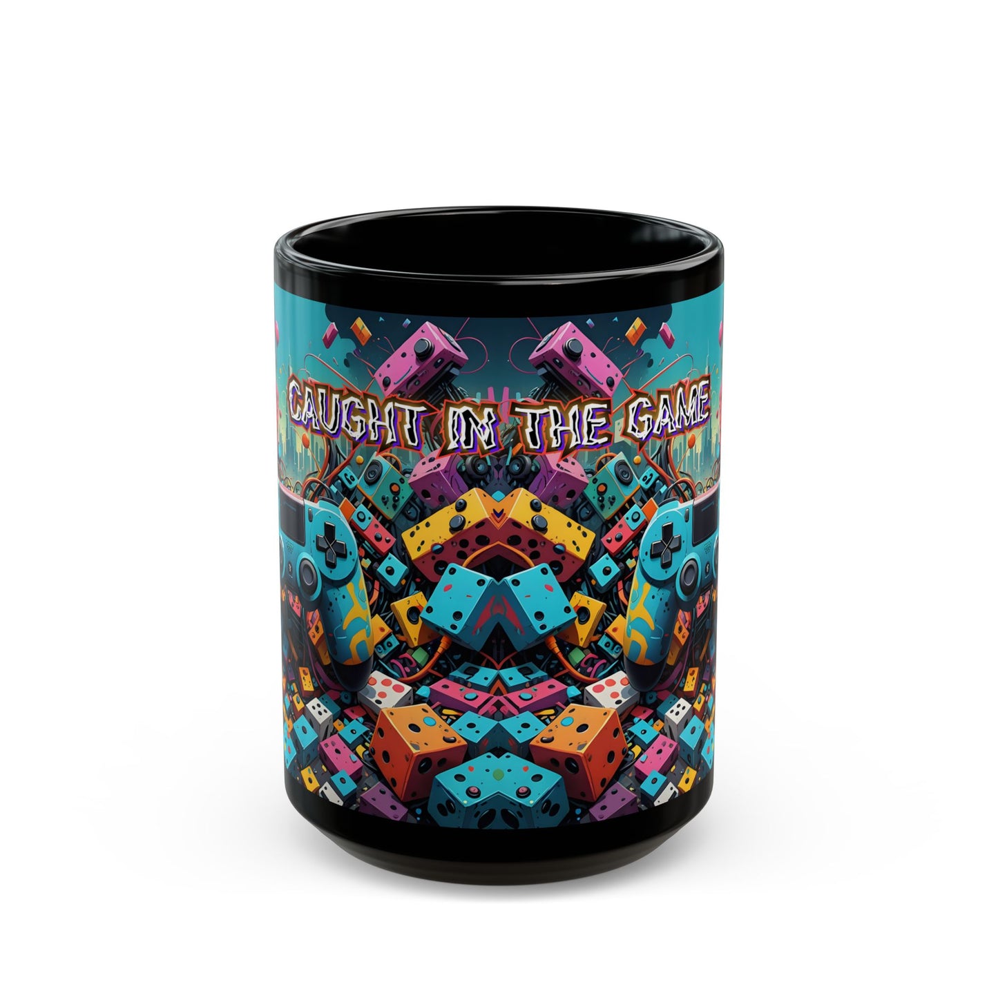 Caught in the Game Gamer Mug – Black Gaming Coffee Cup with Colorful Controller Design