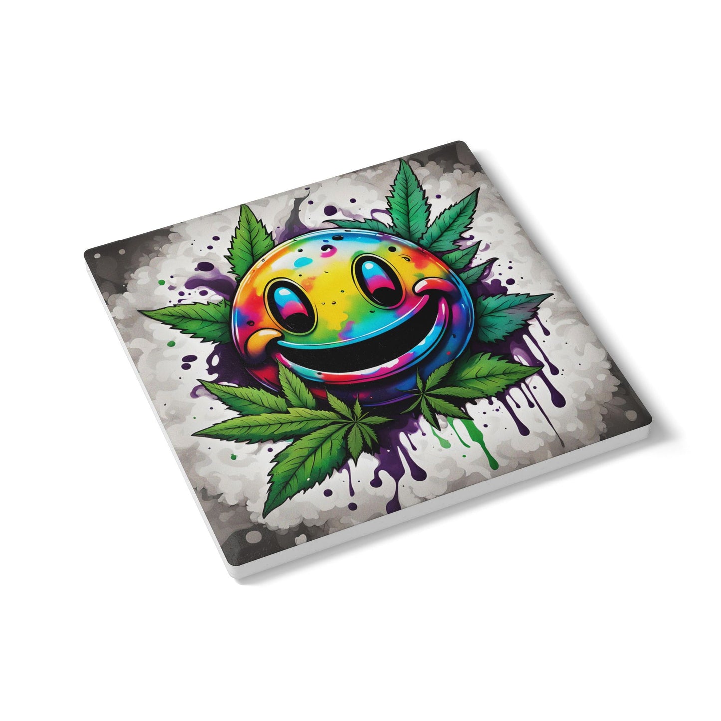 Funny Weed Smiley Coaster – Ceramic Cork-Backed Coaster for Hot or Cold Drinks – Round or Square