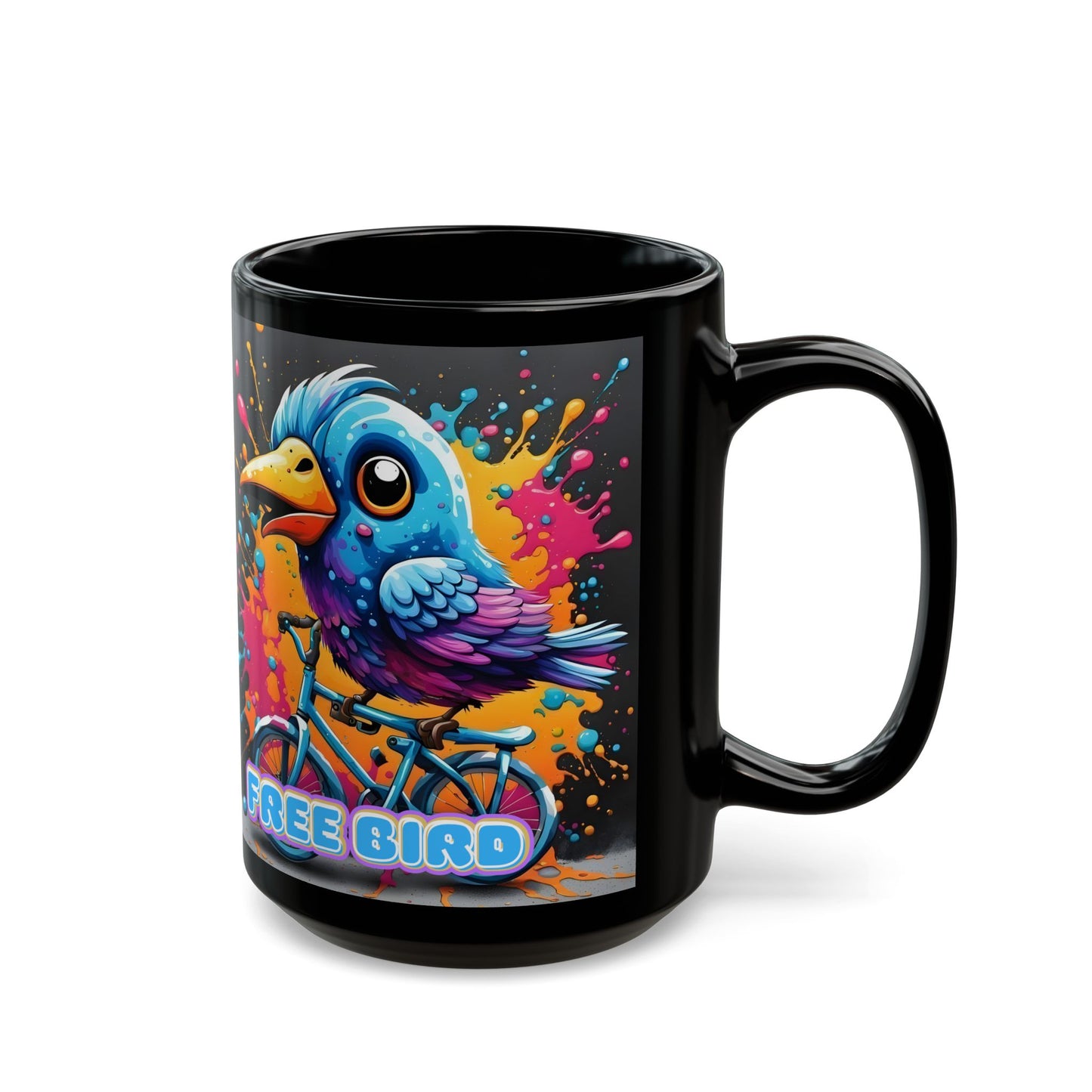 Free Bird Mug – Psychedelic Cycling Bird on Black Ceramic Coffee Cup (11oz / 15oz)