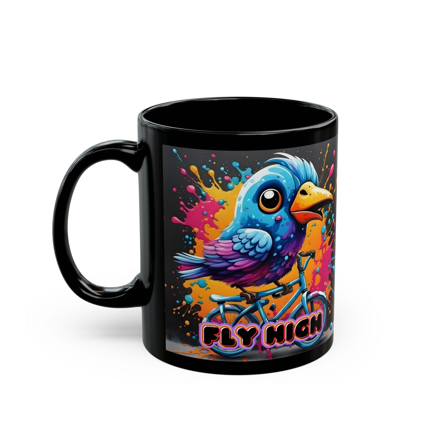 Free Bird Mug – Psychedelic Cycling Bird on Black Ceramic Coffee Cup (11oz / 15oz)