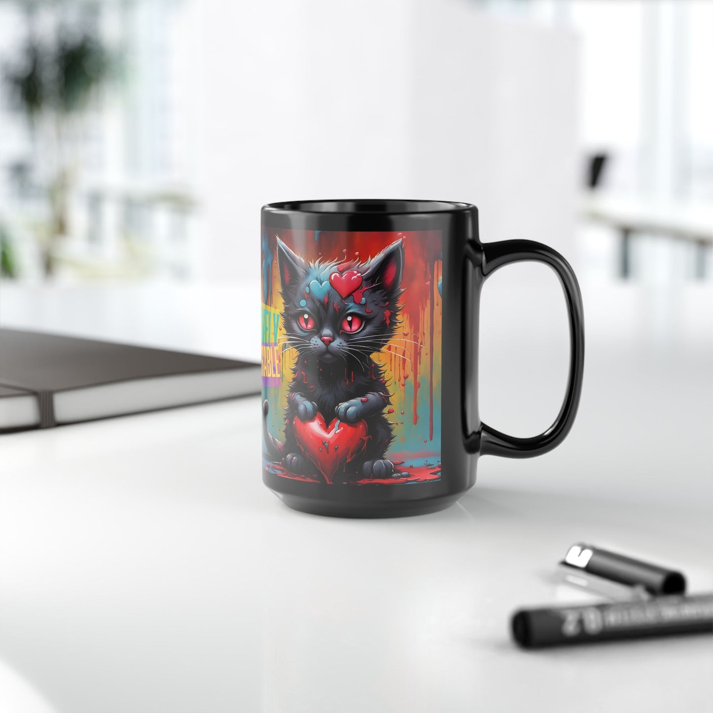Cute Cat Lovers Mug | Black Ceramic Design Mug | Ideal Coffee Cup Gift | Cat Mom Gift | Kitty Lover Mug | Black Ceramic Cat Lovers Mug