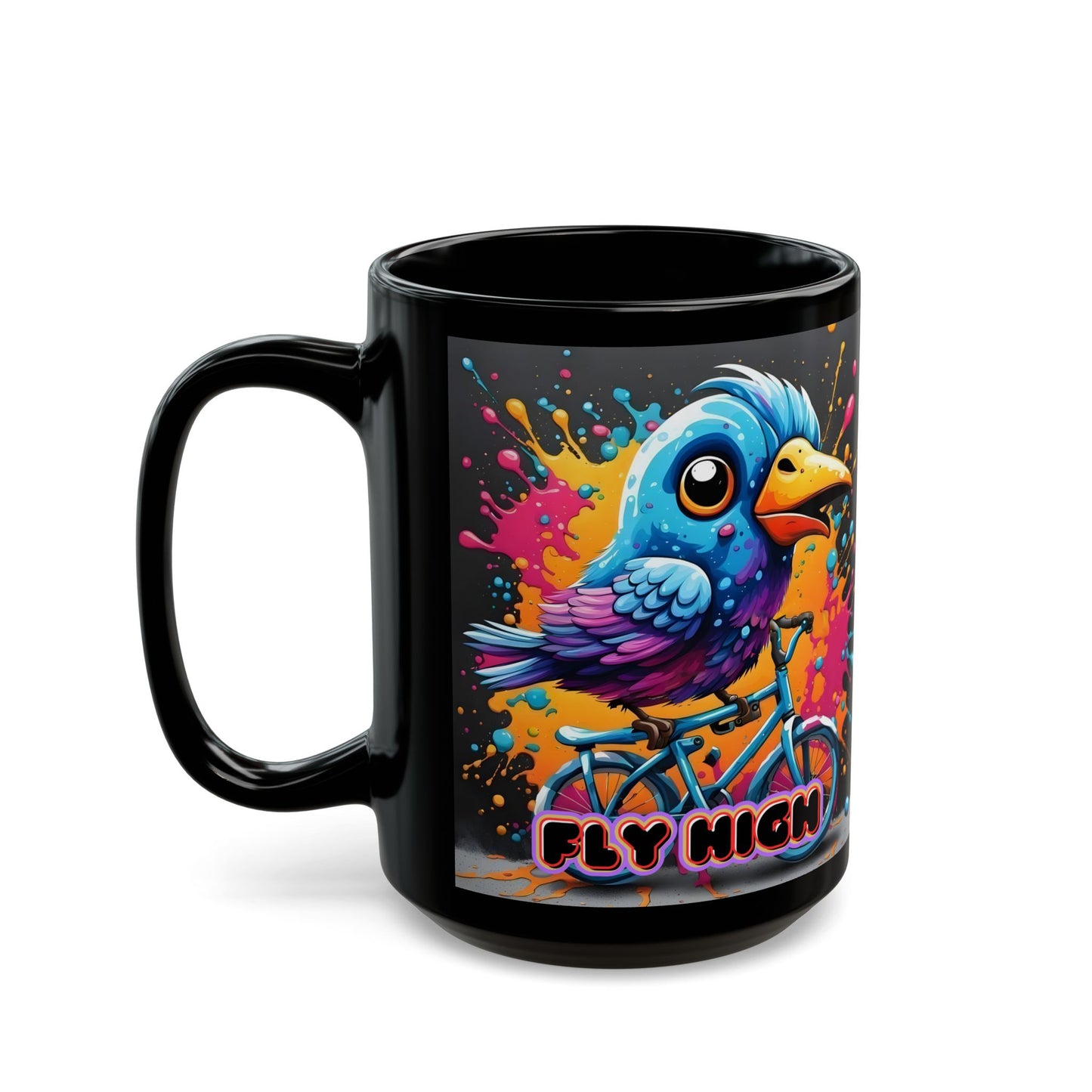 Free Bird Mug – Psychedelic Cycling Bird on Black Ceramic Coffee Cup (11oz / 15oz)