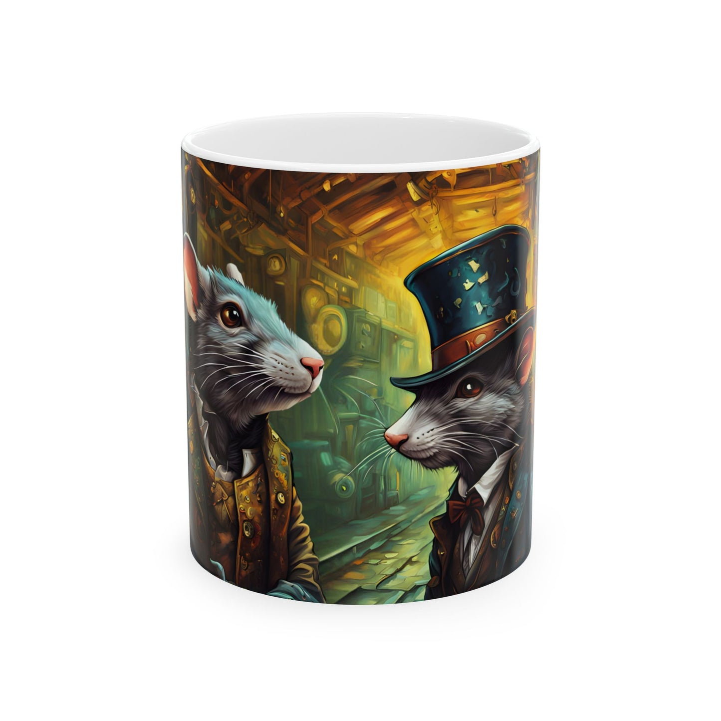 The Great Pantry War Mug 11oz/15oz – Steampunk Cat & Rat Fantasy Art | Muntedverse Ceramic Drinkware Collectible