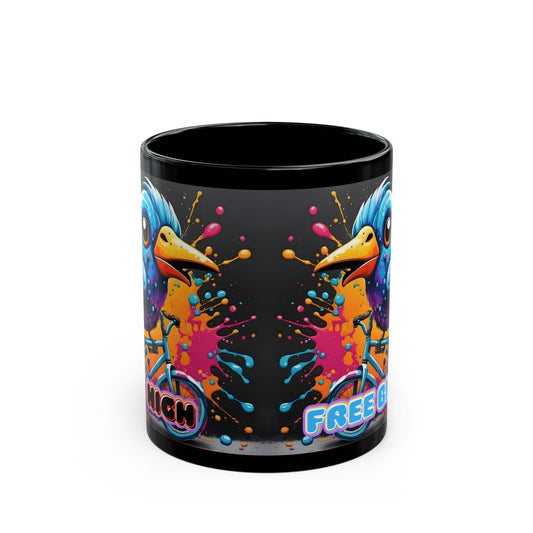 Free Bird Mug – Psychedelic Cycling Bird on Black Ceramic Coffee Cup (11oz / 15oz)