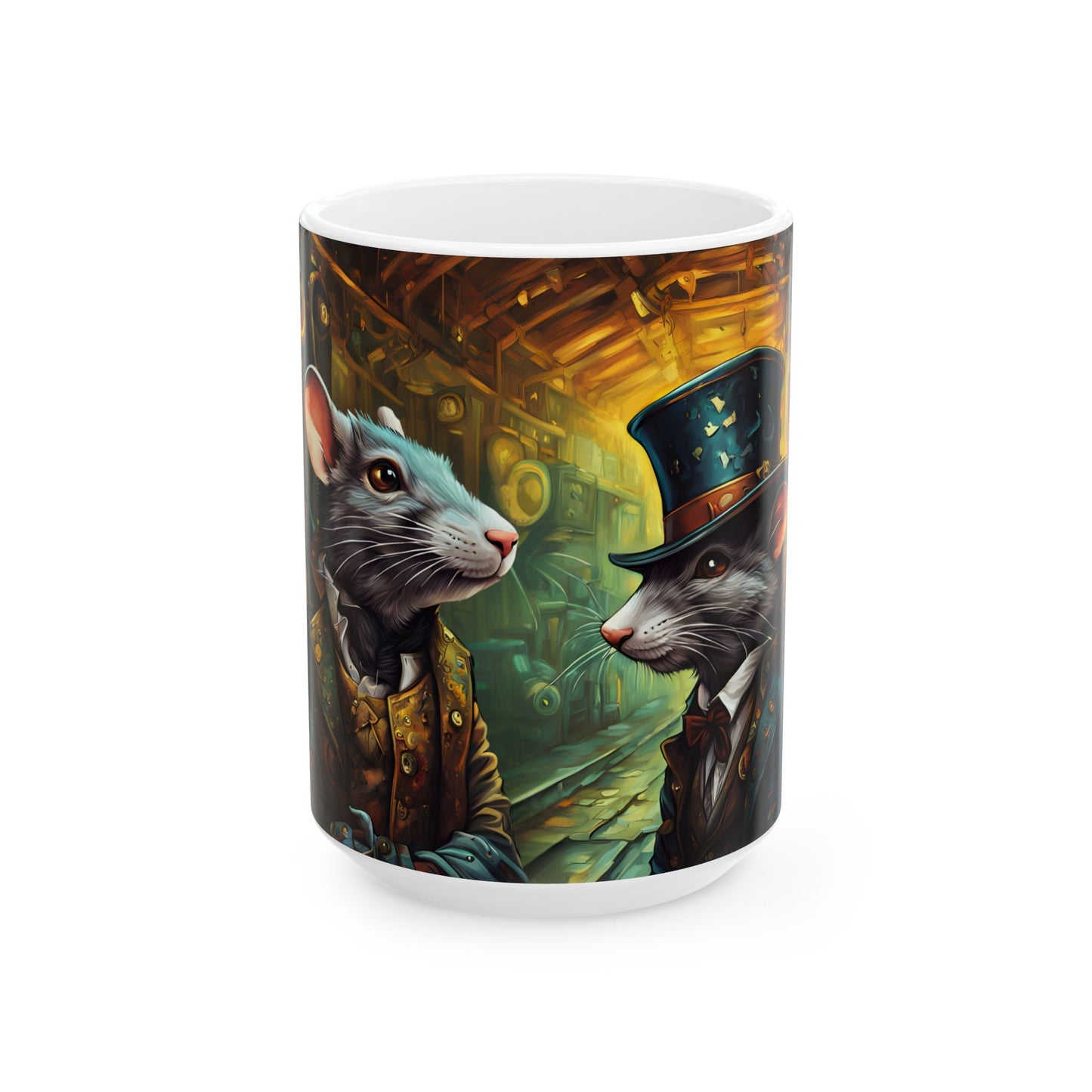 The Great Pantry War Mug 11oz/15oz – Steampunk Cat & Rat Fantasy Art | Muntedverse Ceramic Drinkware Collectible