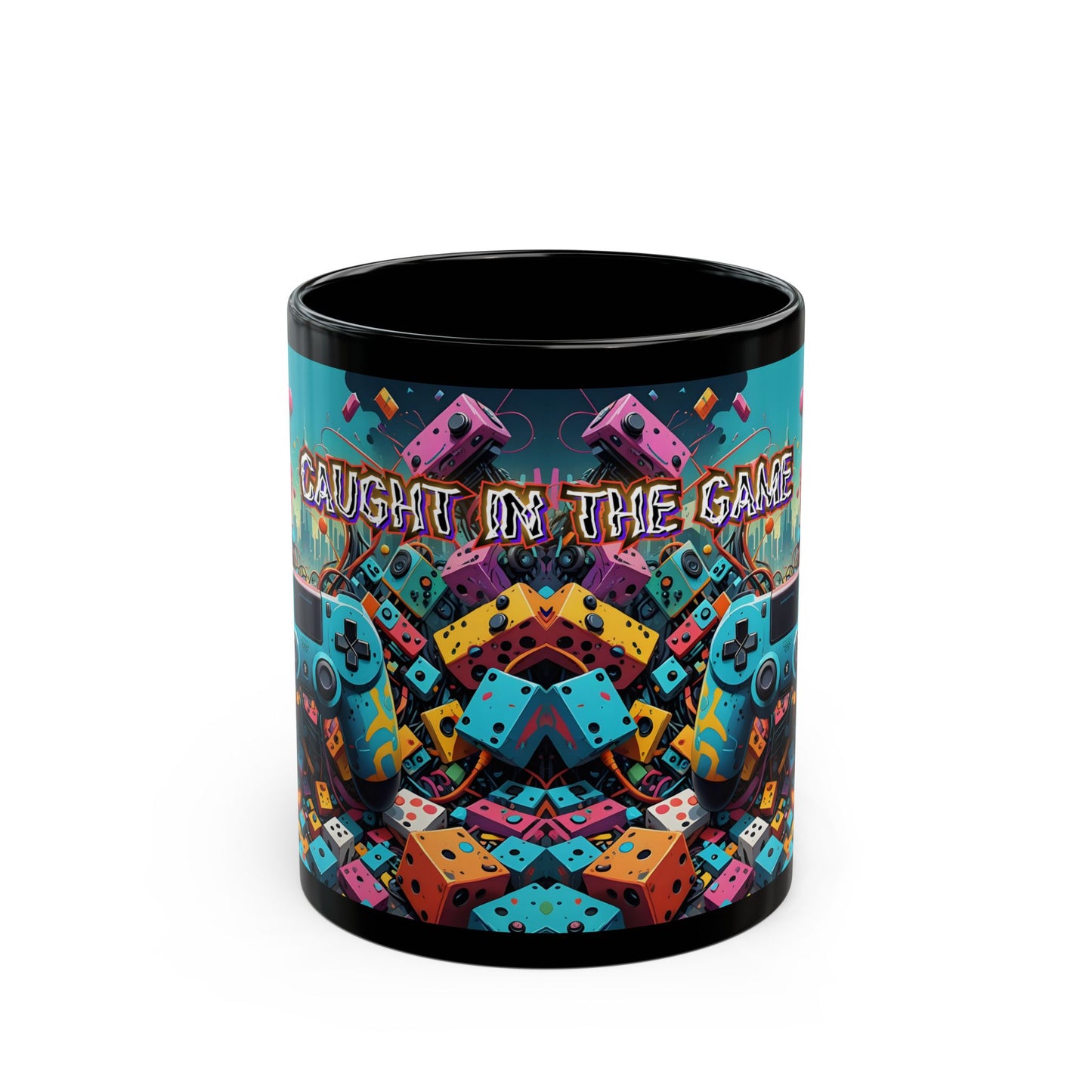 Caught in the Game Gamer Mug – Black Gaming Coffee Cup with Colorful Controller Design
