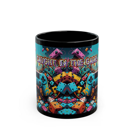 Caught in the Game Gamer Mug – Black Gaming Coffee Cup with Colorful Controller Design