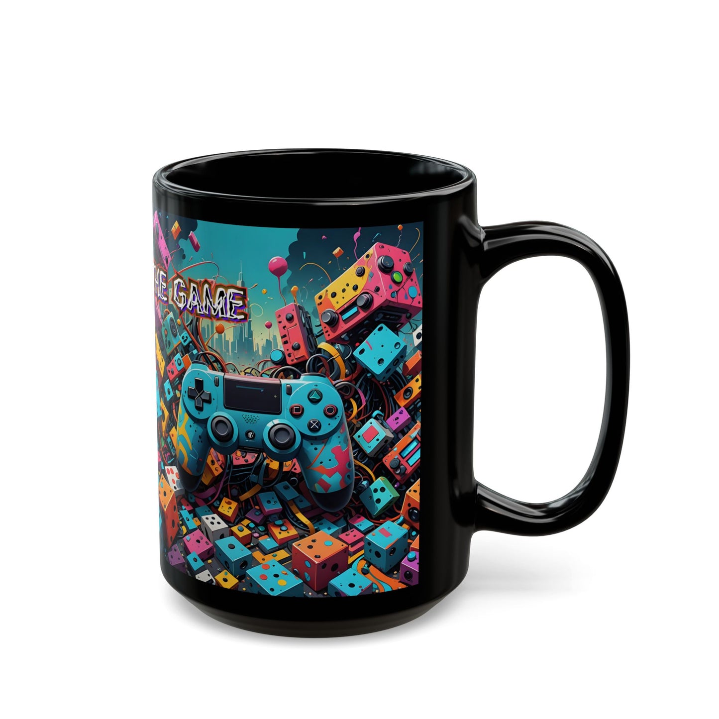 Caught in the Game Gamer Mug – Black Gaming Coffee Cup with Colorful Controller Design