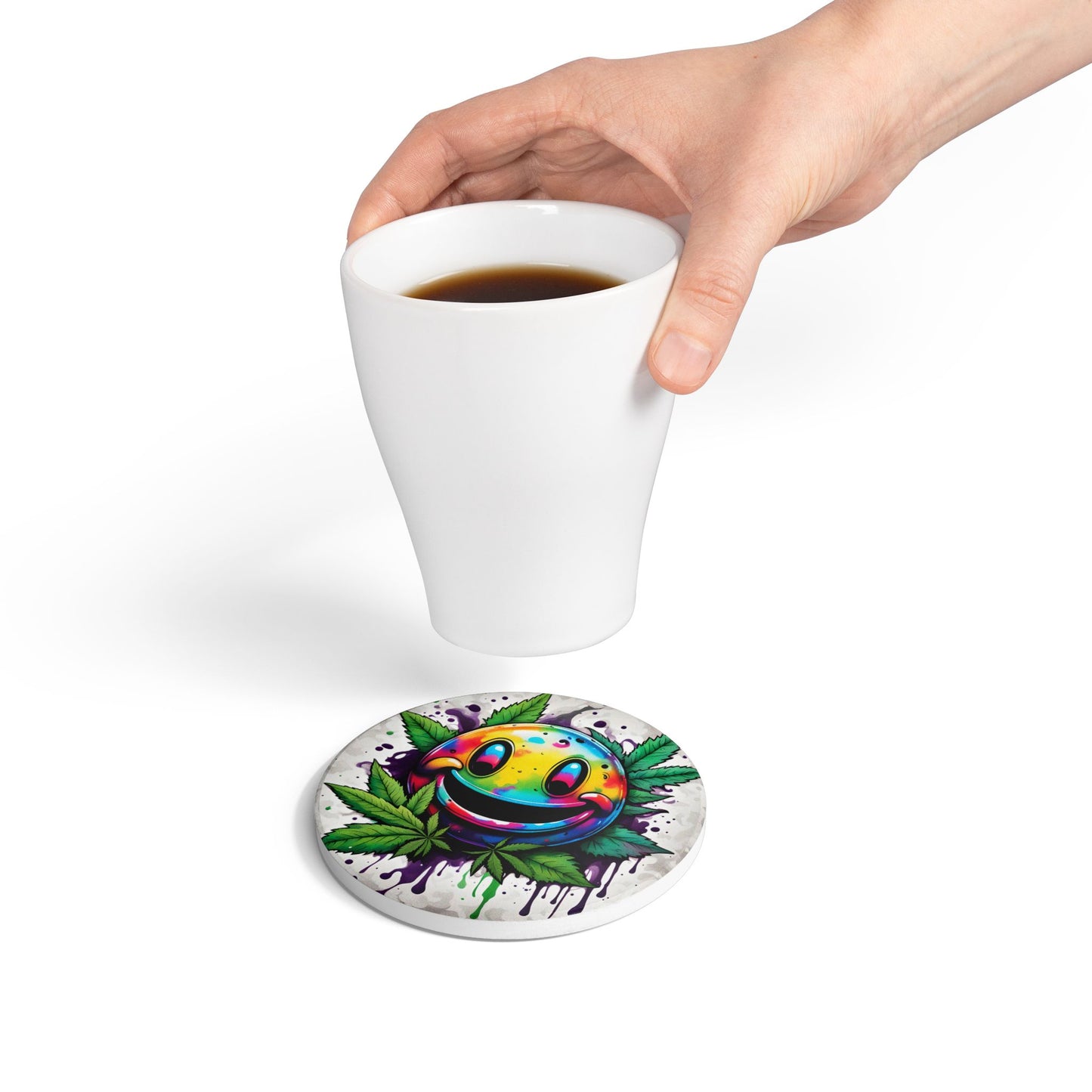 Funny Weed Smiley Coaster – Ceramic Cork-Backed Coaster for Hot or Cold Drinks – Round or Square