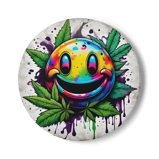 Funny Weed Smiley Coaster – Ceramic Cork-Backed Coaster for Hot or Cold Drinks – Round or Square