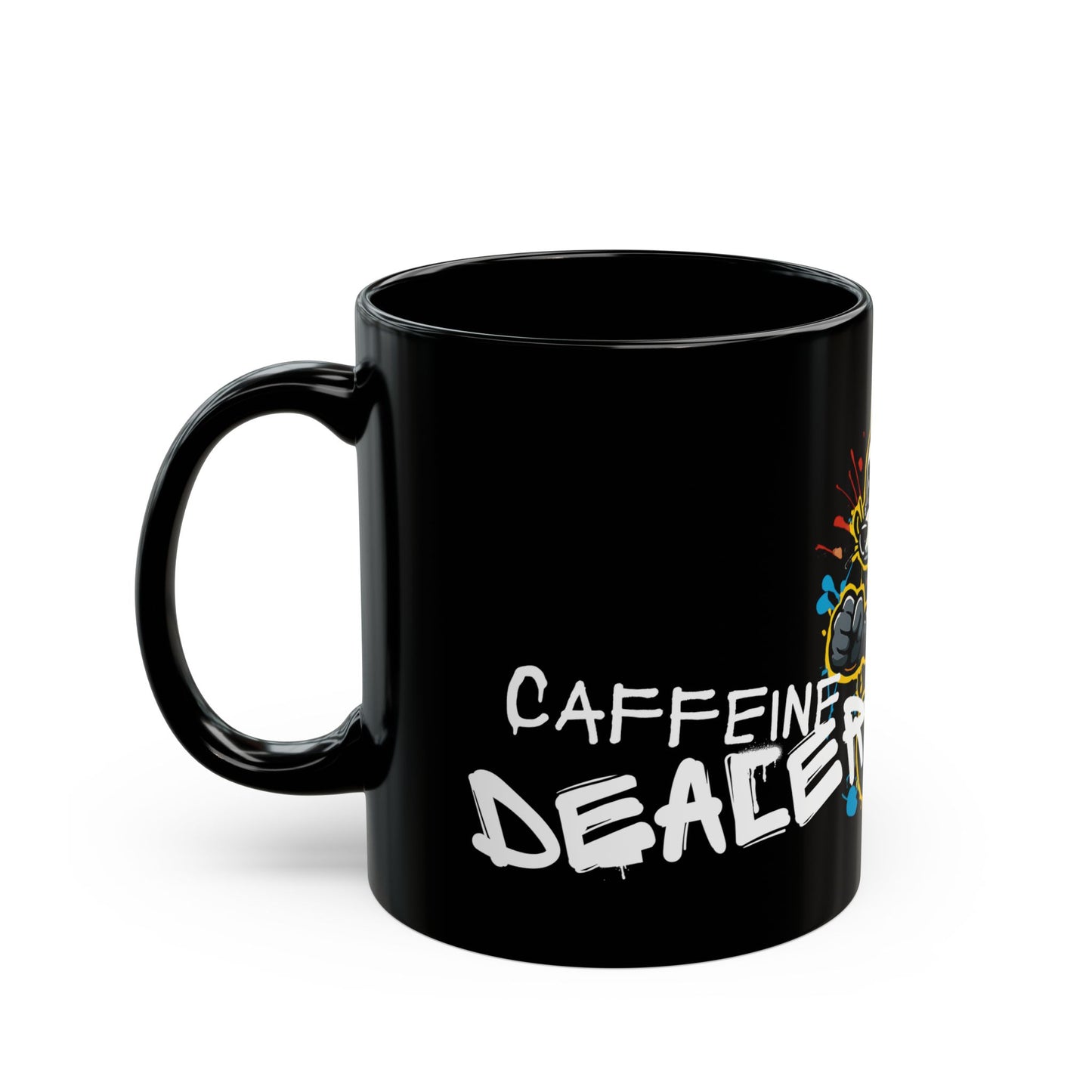 Caffeine Dealer Mug – Black Ceramic Gamer Coffee Cup with Raccoon Loot Art