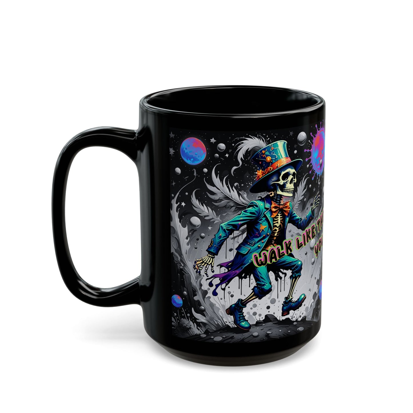 Psychedelic Tarot Mug – The Fool Card 0 – Trippy Skeleton Art – “Walk Like the Universe Owes You a Road” – Ceramic Coffee Cup