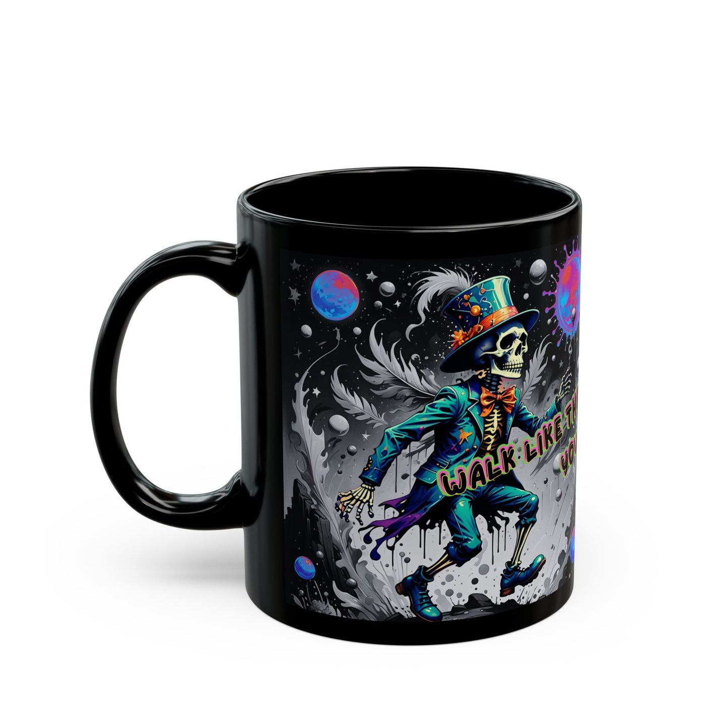 Psychedelic Tarot Mug – The Fool Card 0 – Trippy Skeleton Art – “Walk Like the Universe Owes You a Road” – Ceramic Coffee Cup