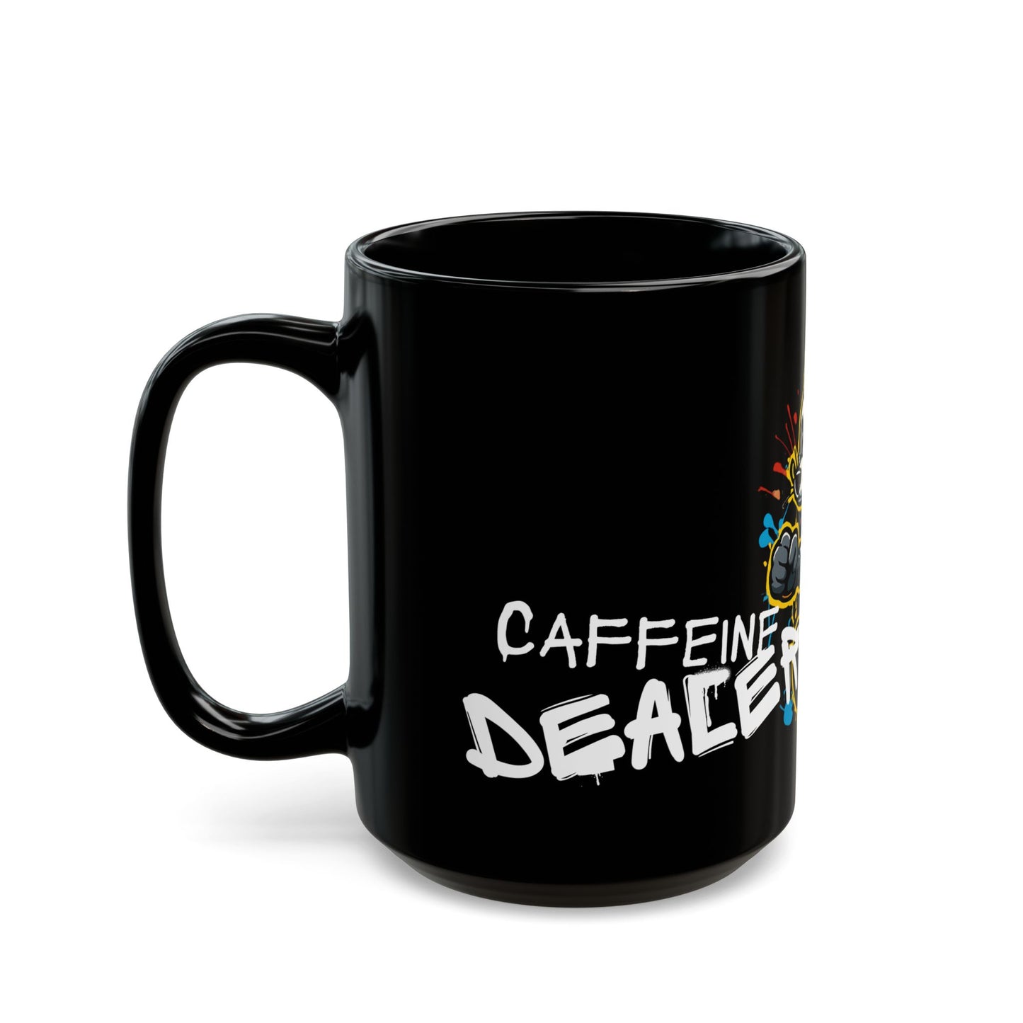 Caffeine Dealer Mug – Black Ceramic Gamer Coffee Cup with Raccoon Loot Art