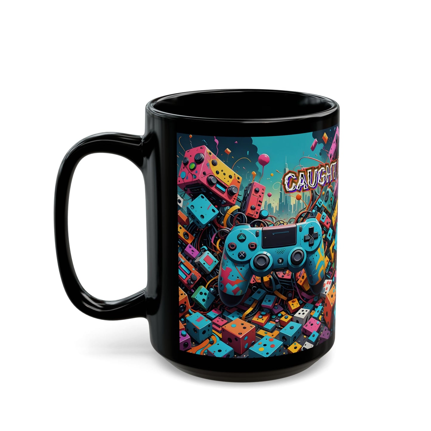 Caught in the Game Gamer Mug – Black Gaming Coffee Cup with Colorful Controller Design