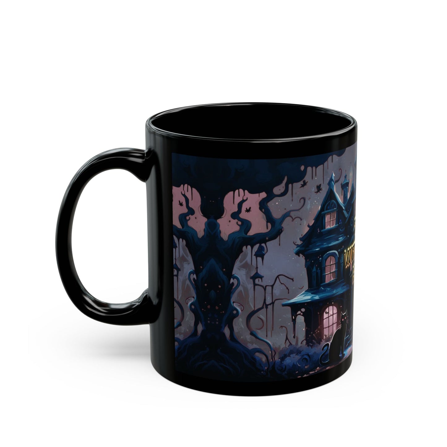 Gothic Haunted House Mug – Spooky Black Cat Halloween Coffee Cup | Munted Art Designs