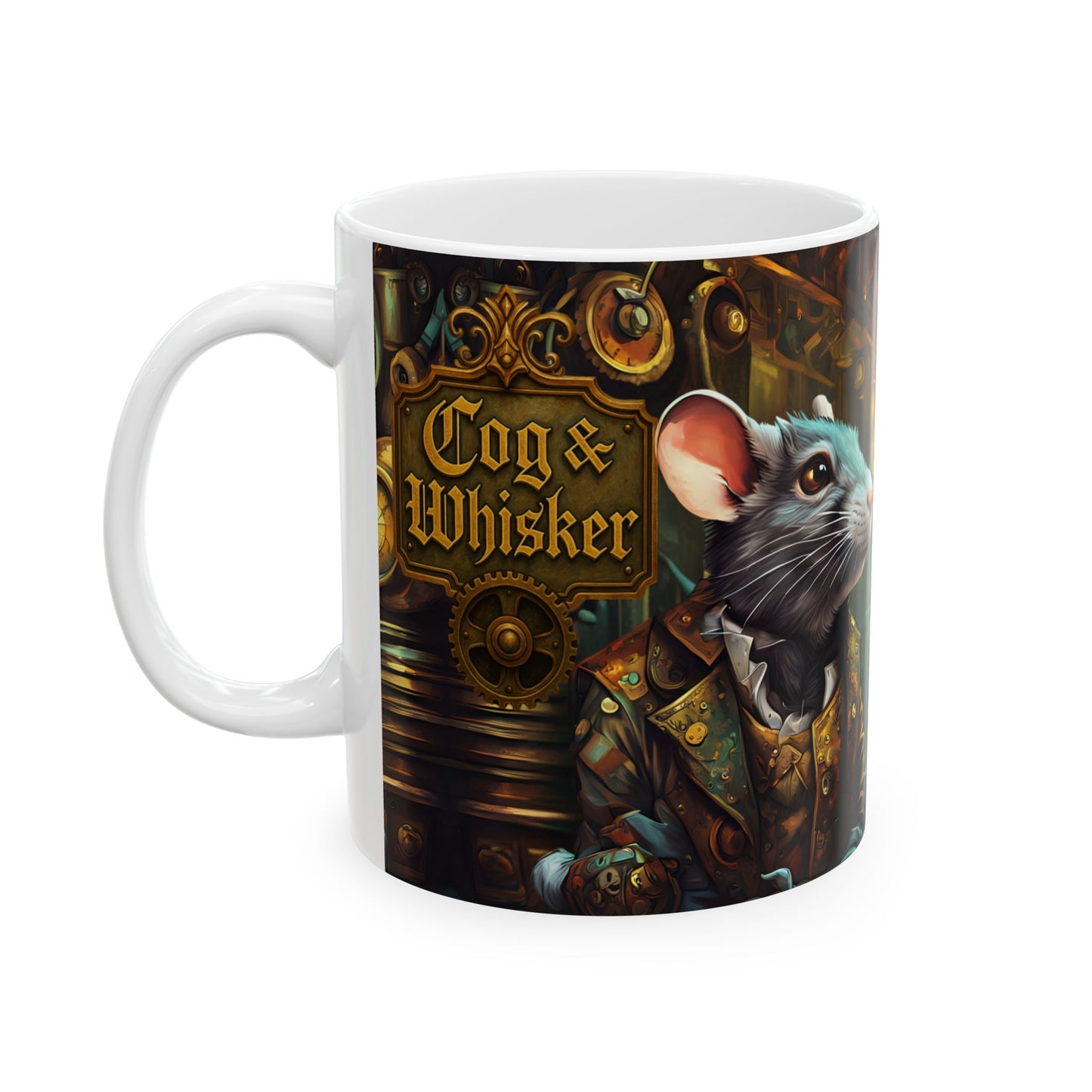 The Great Pantry War Mug 11oz/15oz – Steampunk Cat & Rat Fantasy Art | Muntedverse Ceramic Drinkware Collectible