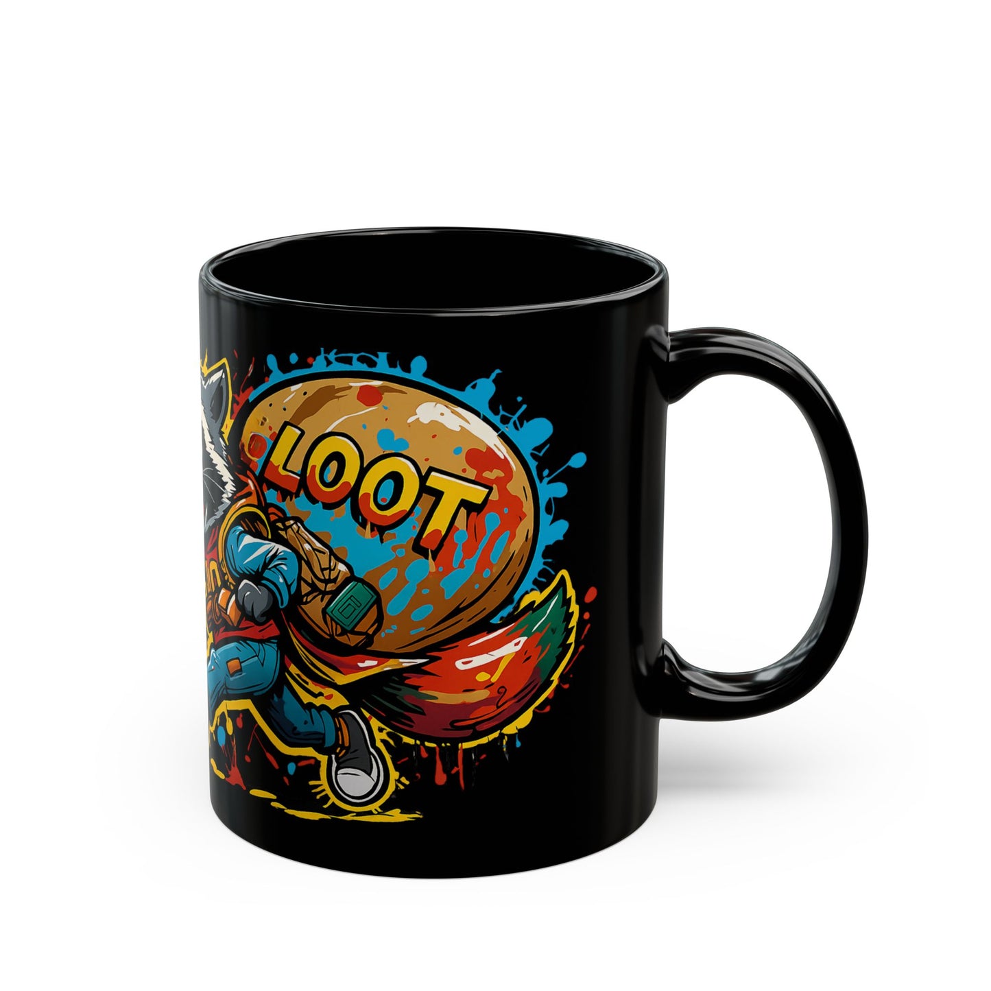 Caffeine Dealer Mug – Black Ceramic Gamer Coffee Cup with Raccoon Loot Art
