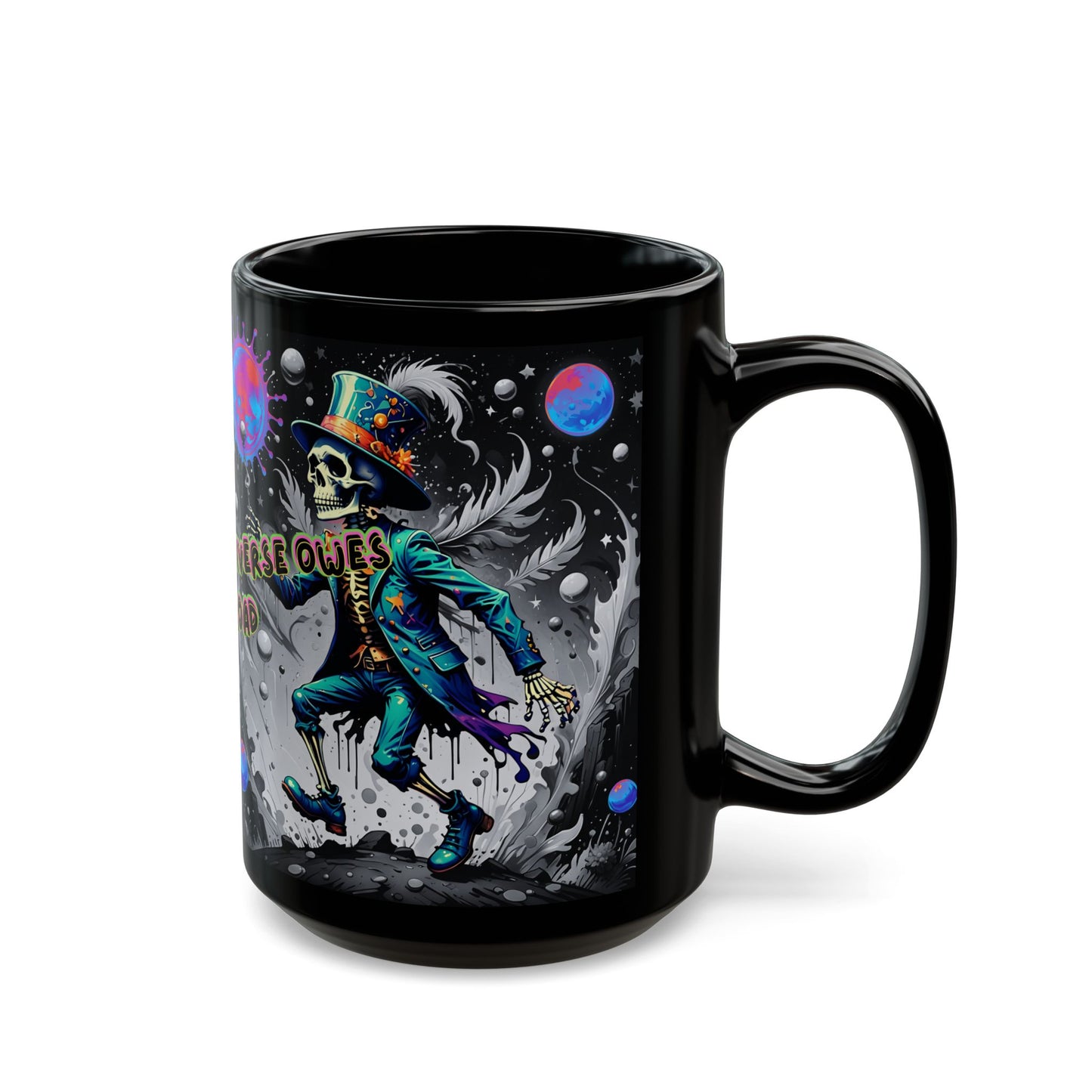 Psychedelic Tarot Mug – The Fool Card 0 – Trippy Skeleton Art – “Walk Like the Universe Owes You a Road” – Ceramic Coffee Cup