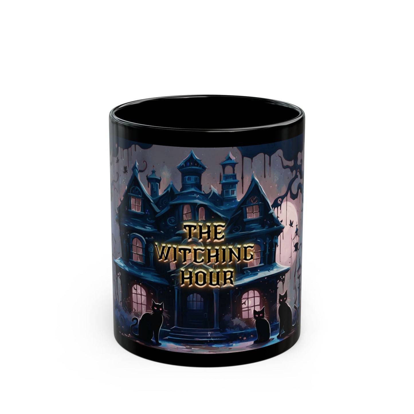 Gothic Haunted House Mug – Spooky Black Cat Halloween Coffee Cup | Munted Art Designs