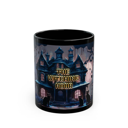 Gothic Haunted House Mug – Spooky Black Cat Halloween Coffee Cup | Munted Art Designs