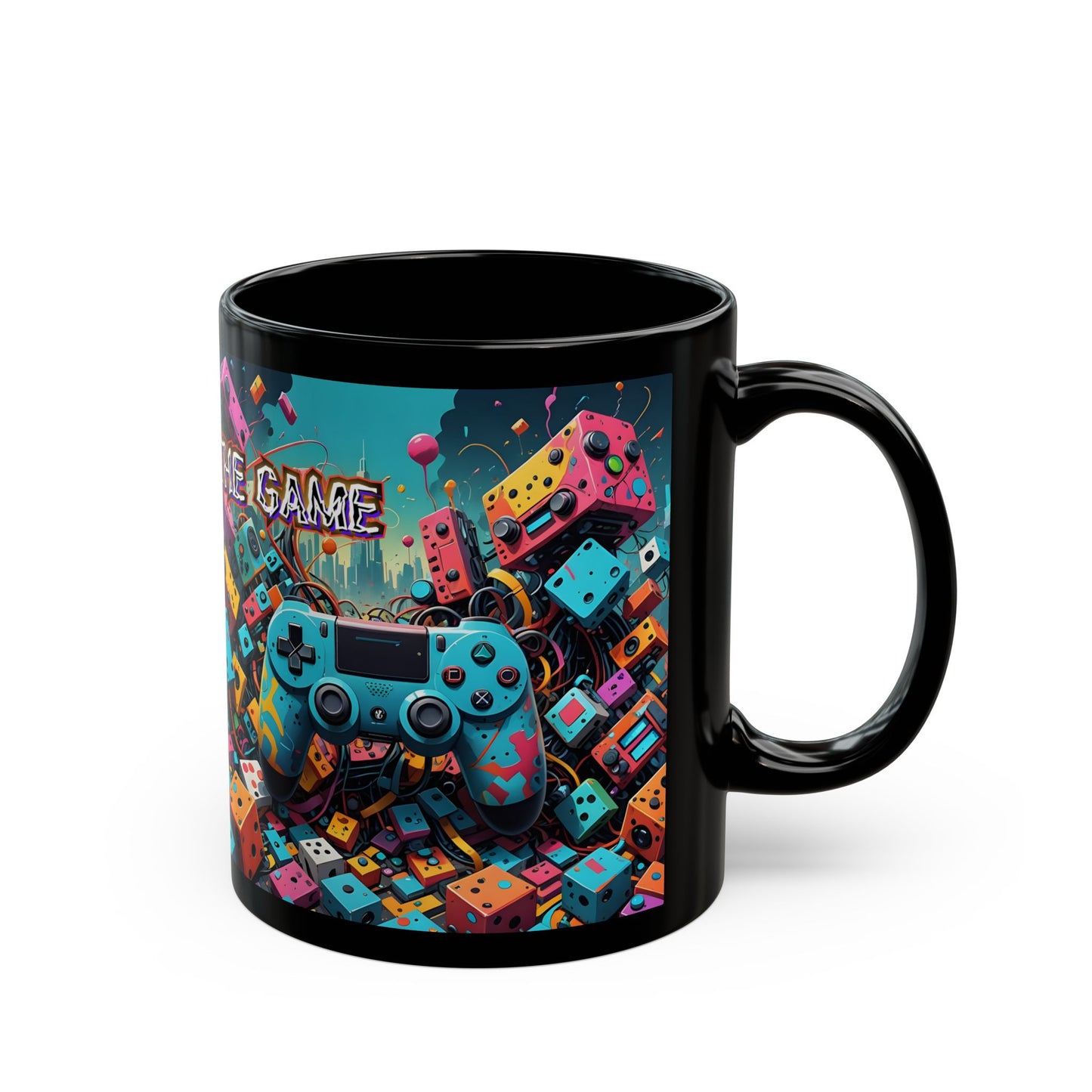 Caught in the Game Gamer Mug – Black Gaming Coffee Cup with Colorful Controller Design