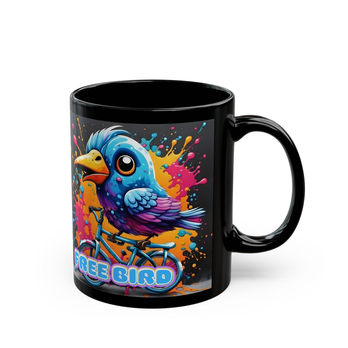 Free Bird Mug – Psychedelic Cycling Bird on Black Ceramic Coffee Cup (11oz / 15oz)
