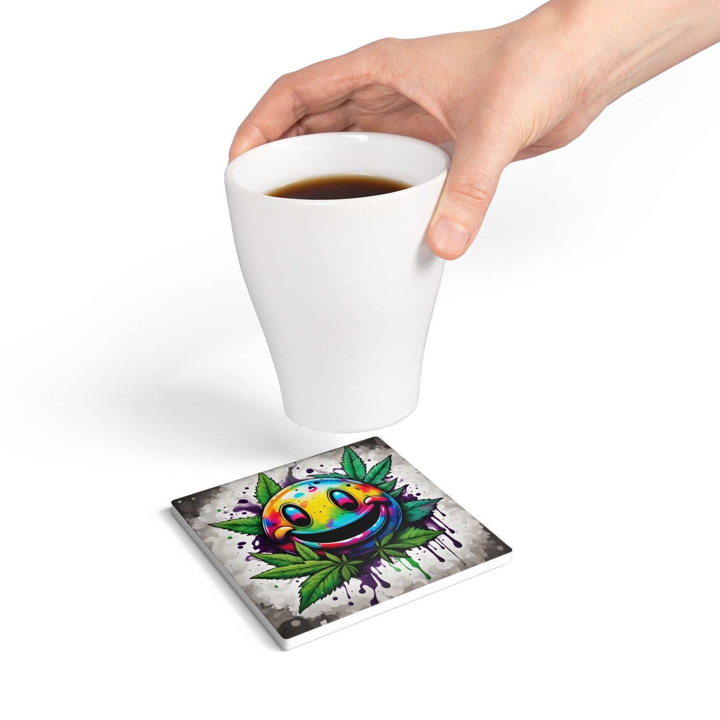 Funny Weed Smiley Coaster – Ceramic Cork-Backed Coaster for Hot or Cold Drinks – Round or Square