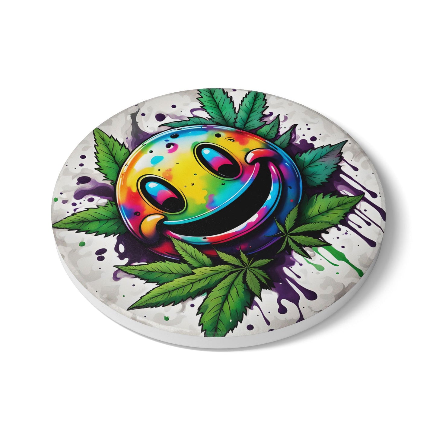 Funny Weed Smiley Coaster – Ceramic Cork-Backed Coaster for Hot or Cold Drinks – Round or Square