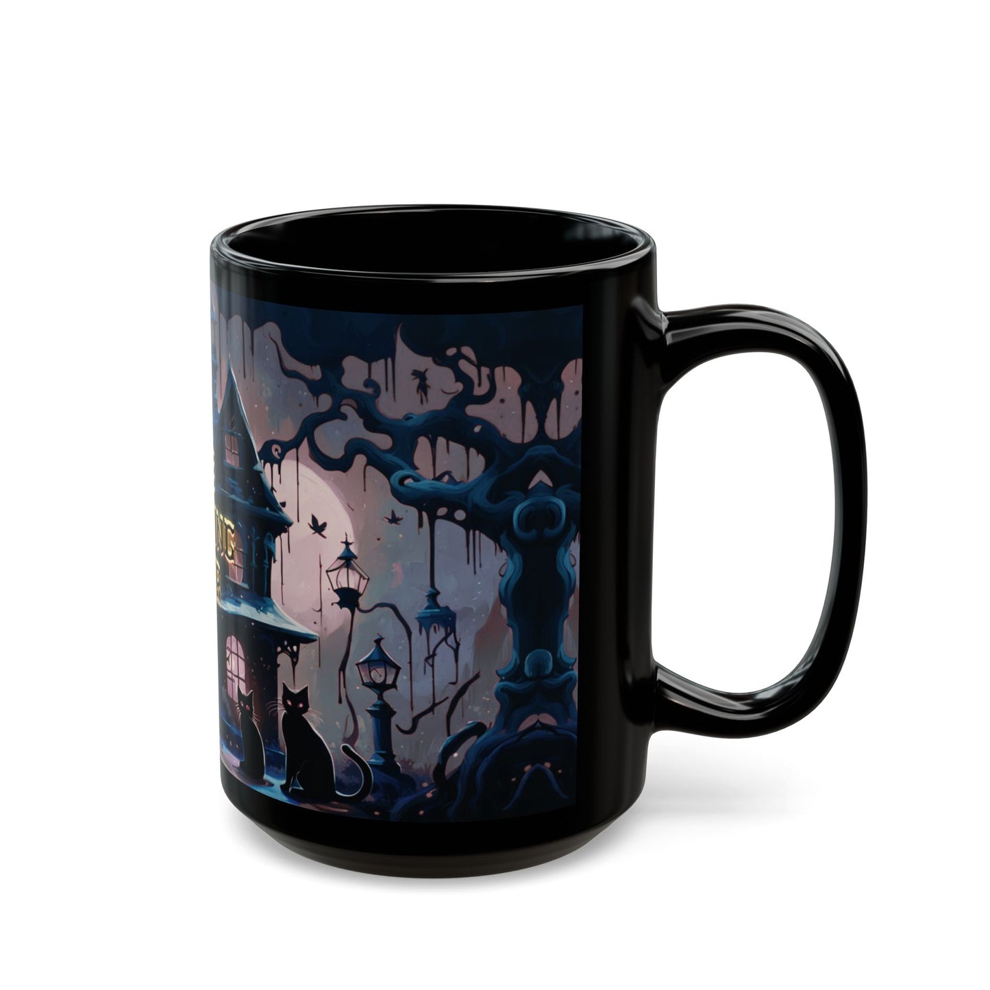 Gothic Haunted House Mug – Spooky Black Cat Halloween Coffee Cup | Munted Art Designs