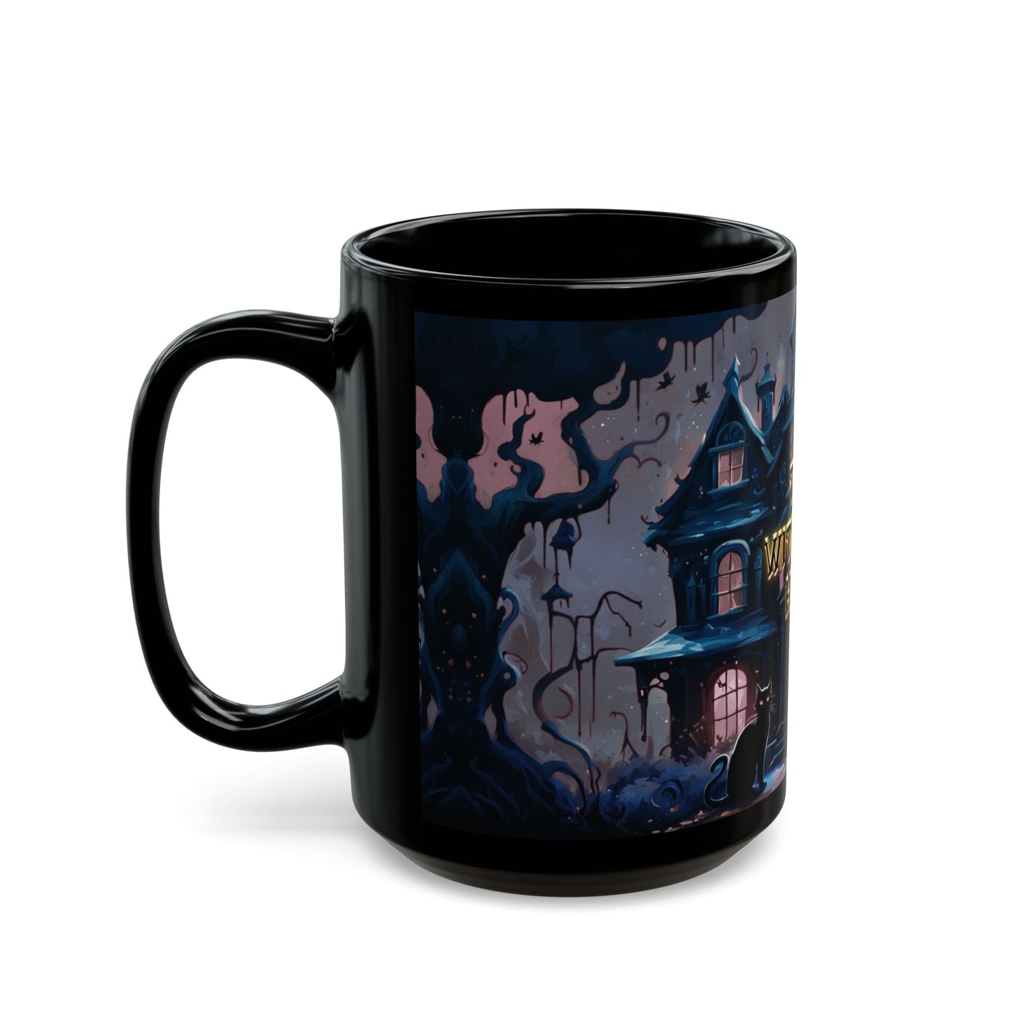 Gothic Haunted House Mug – Spooky Black Cat Halloween Coffee Cup | Munted Art Designs