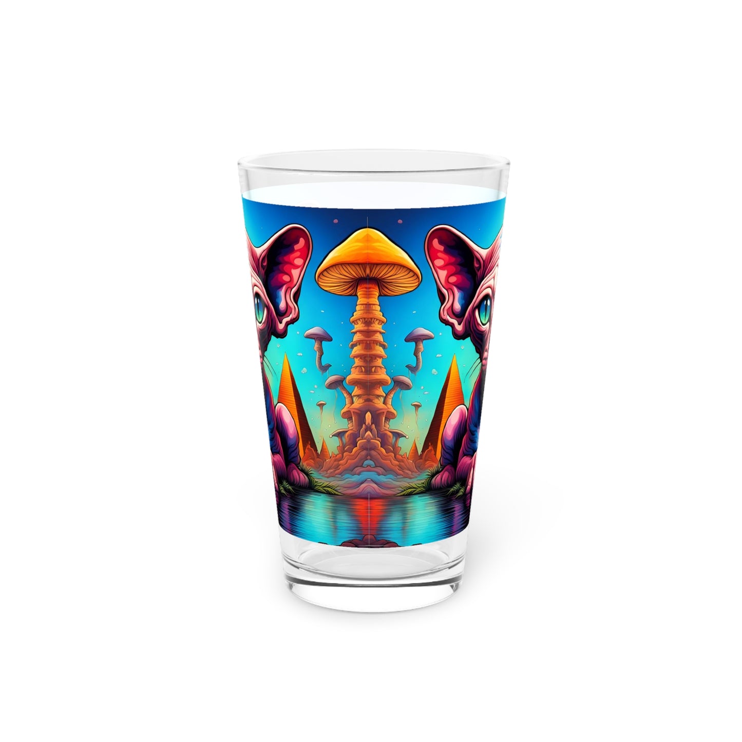 Sphynx Cat Pint Glass 16 oz – Psychedelic Egyptian Mushroom Art Drinkware