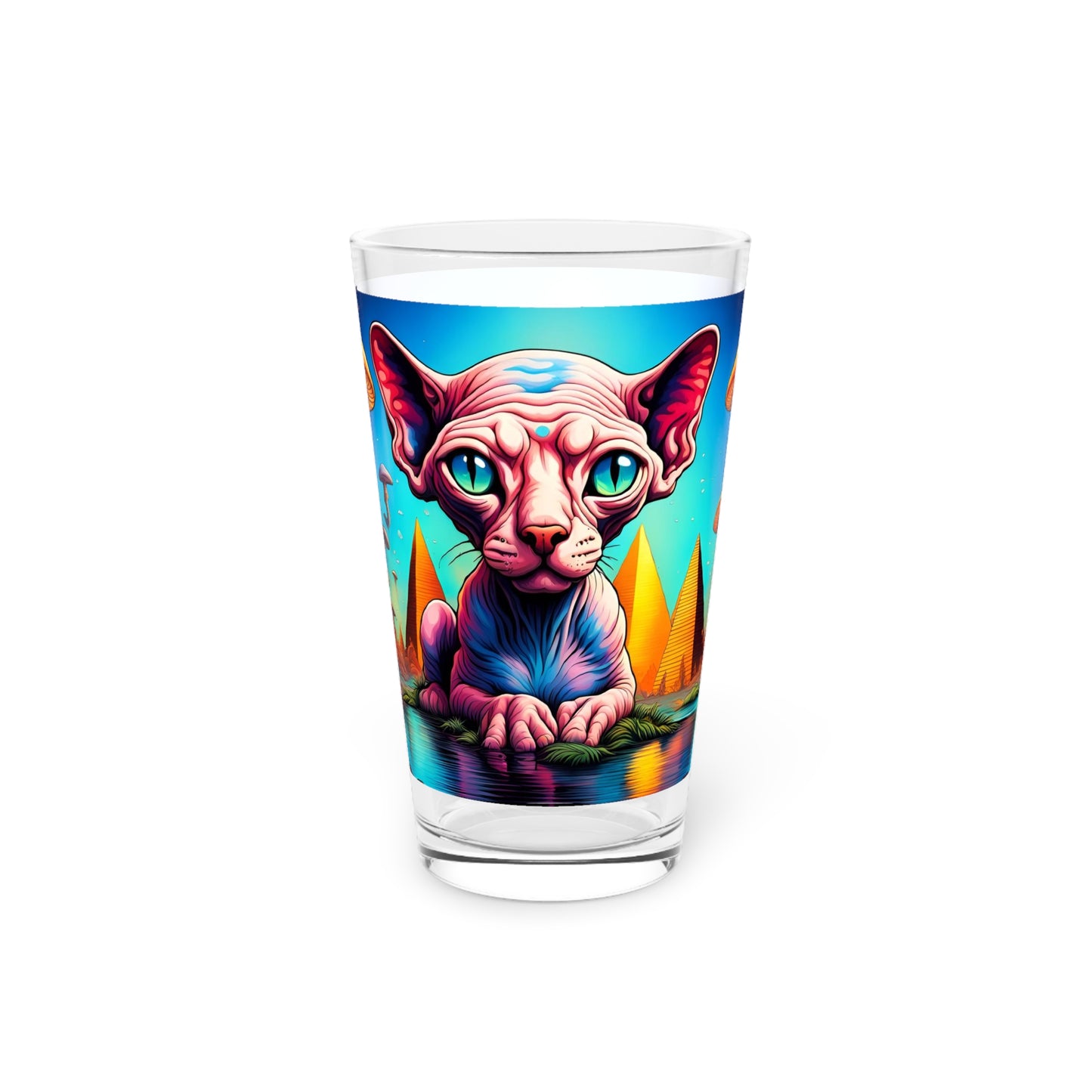 Sphynx Cat Pint Glass 16 oz – Psychedelic Egyptian Mushroom Art Drinkware