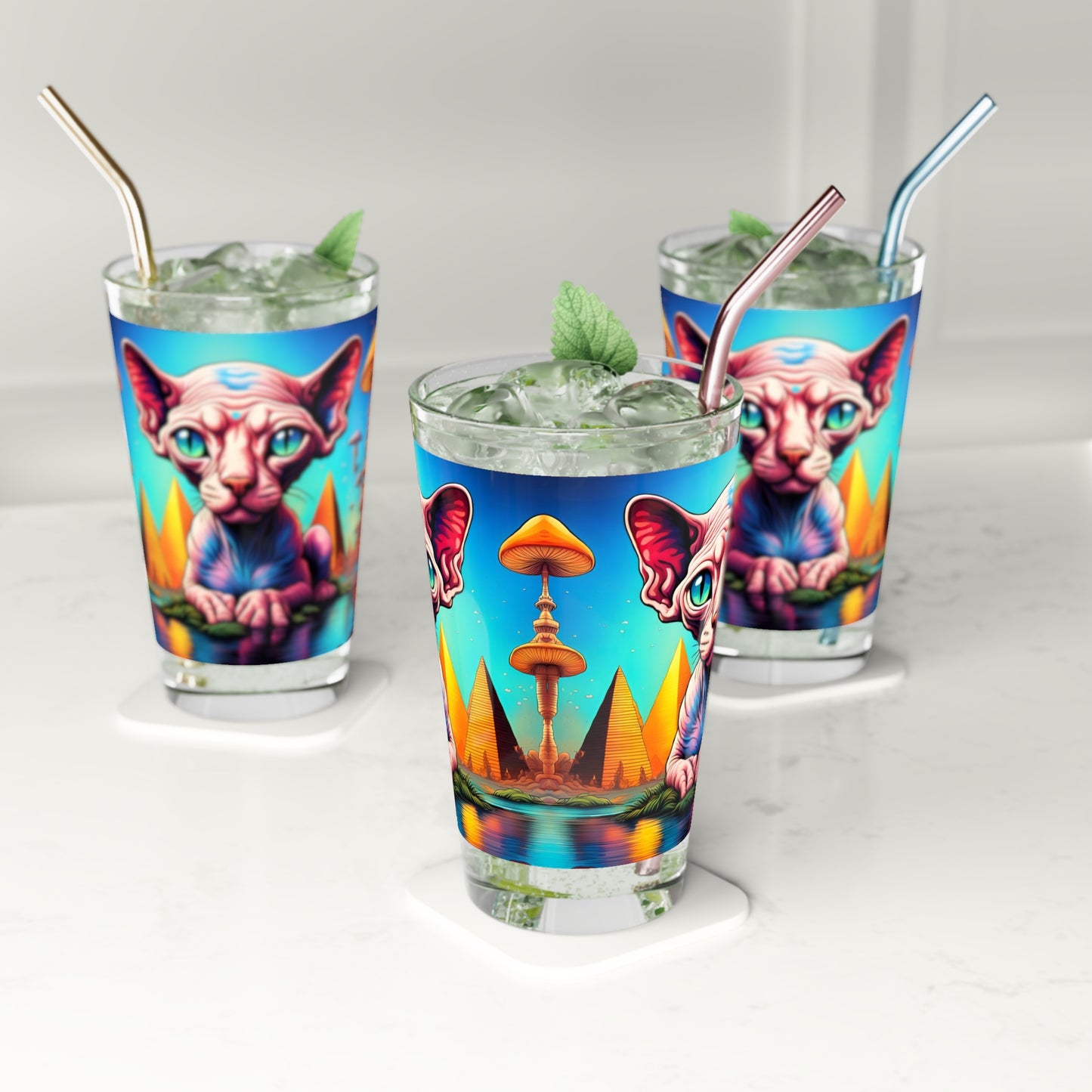 Sphynx Cat Pint Glass 16 oz – Psychedelic Egyptian Mushroom Art Drinkware