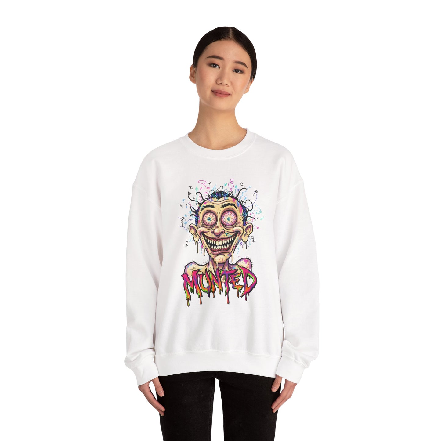Munted Face Sweatshirt — Trippy Graphic Pullover for Weird Art Lovers