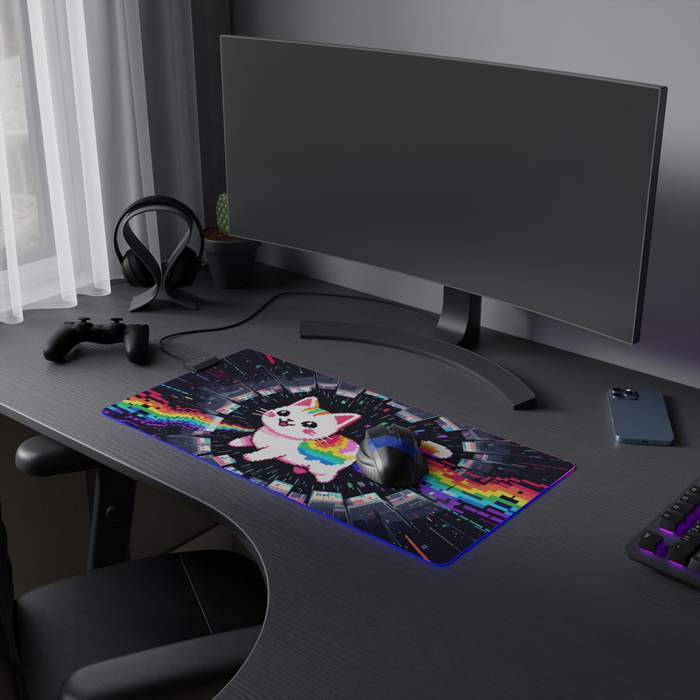 LED Gaming Mouse Pad — Pixel Rainbow Cat RGB Desk Mat
