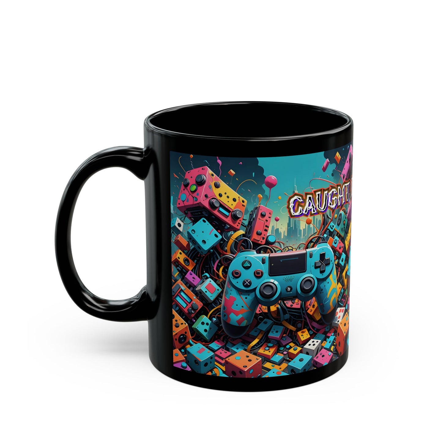 Caught in the Game Gamer Mug – Black Gaming Coffee Cup with Colorful Controller Design